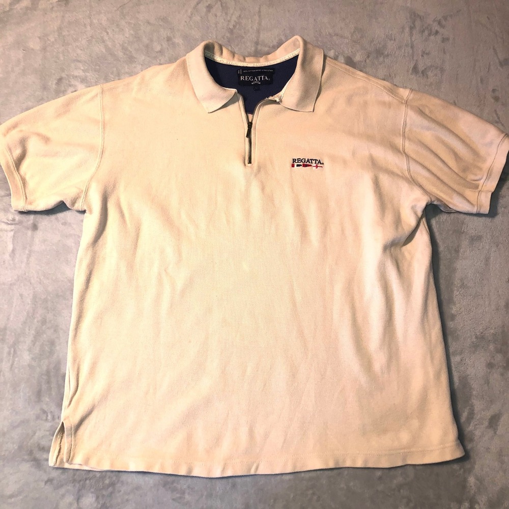 Regatta‎ 1909 1/4 Zip Polo Shirt Men's Large Cream Vtg Short Sleeve Cotton Pique